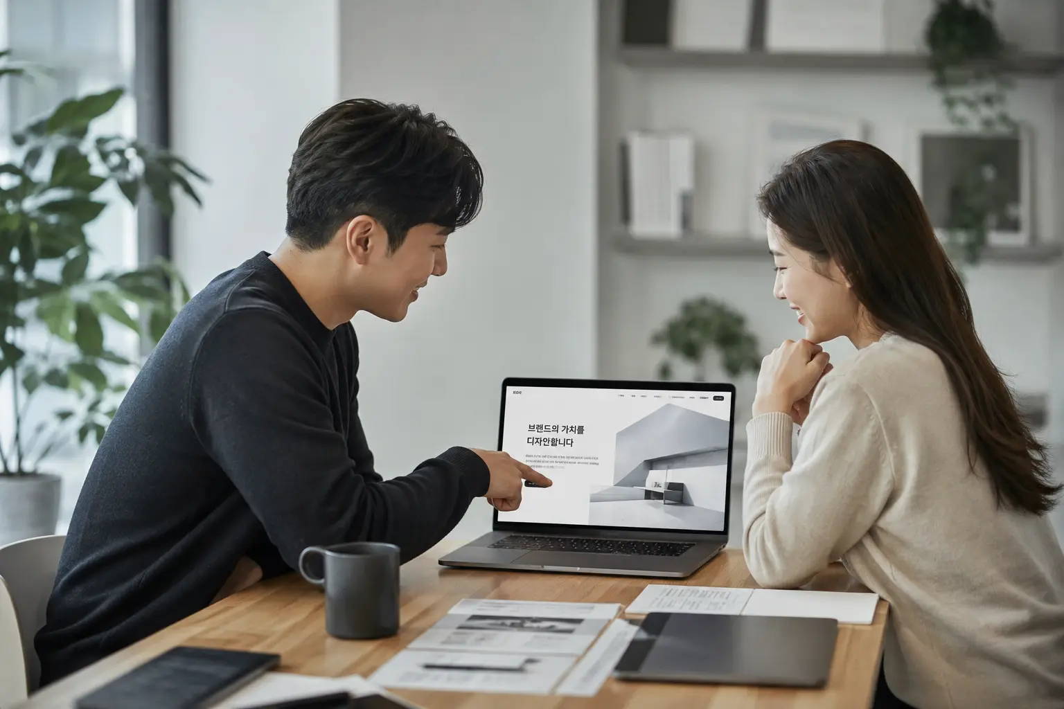 고객과 홈페이지 방향을 논의하는 기획 상담